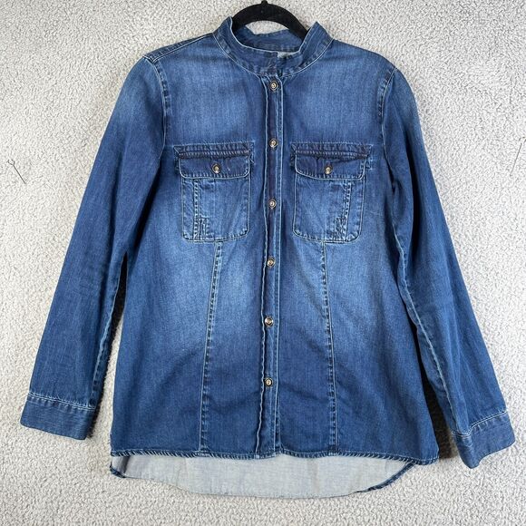CAbi Denim Blouse Womens M Blue Chambray Flap Pockets Button High Low Waterfront - Picture 1 of 8